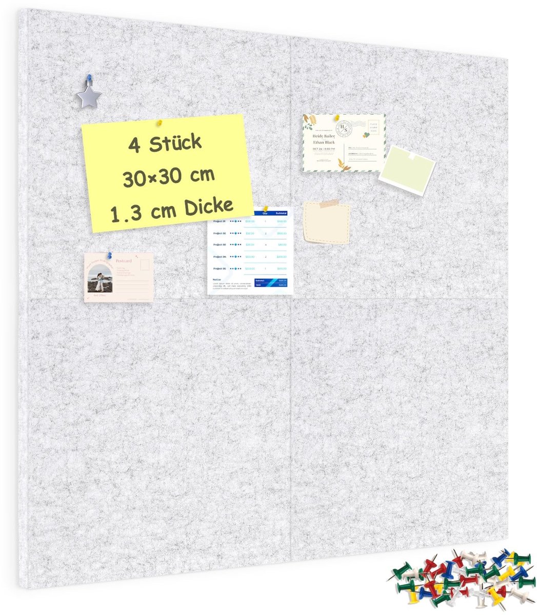 Omgoods - Vilten Prikbord 4-Pack - 30 x 30 cm - Lichtgrijs