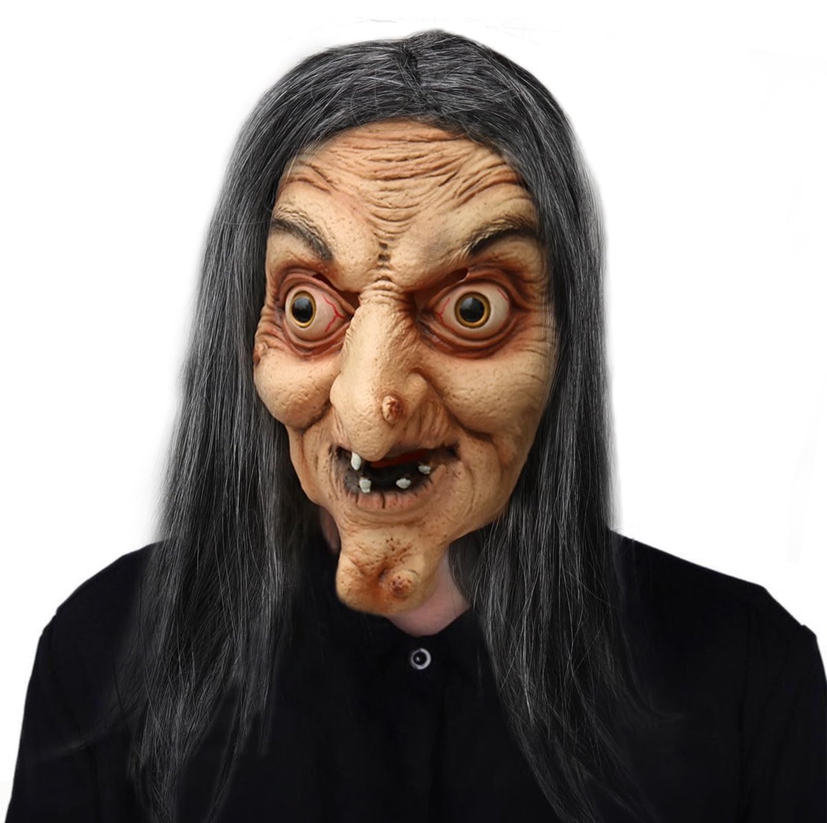 Omgoods - Engerig Halloween Heks Masker met Lang Haar en Realistische Uiterlijk