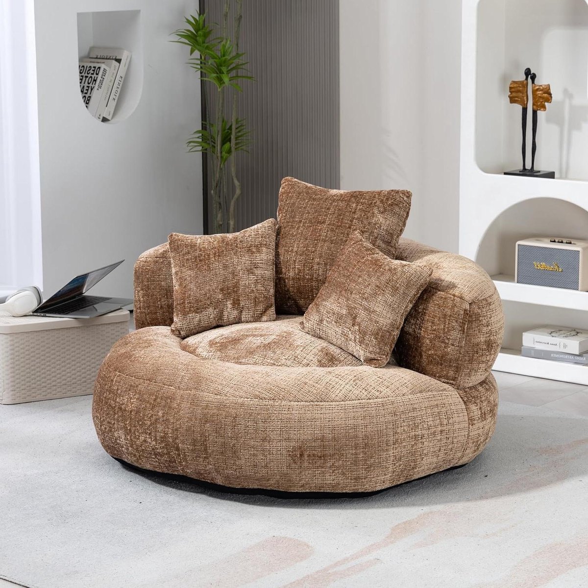 Zetel met Hoge Rugleuning - Zitzak Stoel Fauteuil - Ontspannen Zitten - Ergonomische Vorm - 108x108x52cm - Koffie Chenille