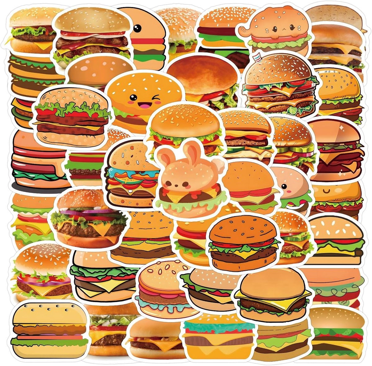 SnelShoppen - 50 Stuks Burger Stickers voor Kinderen, Tieners en Volwassenen - Waterdichte Sticker Set voor Flessen, Fietsen, Notebooks, Skateboards,