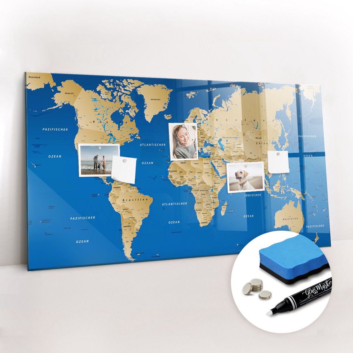 Tulup Whitebord - Wereldlanden - 120 x 60 cm - Geel Magneetbord Foto - Gratis 5 Sterke Magneten + Whiteboard Marker & Wisser - Moderne Wanddecoratie - Magneetbord Keuken - Notitiebord Werkplek