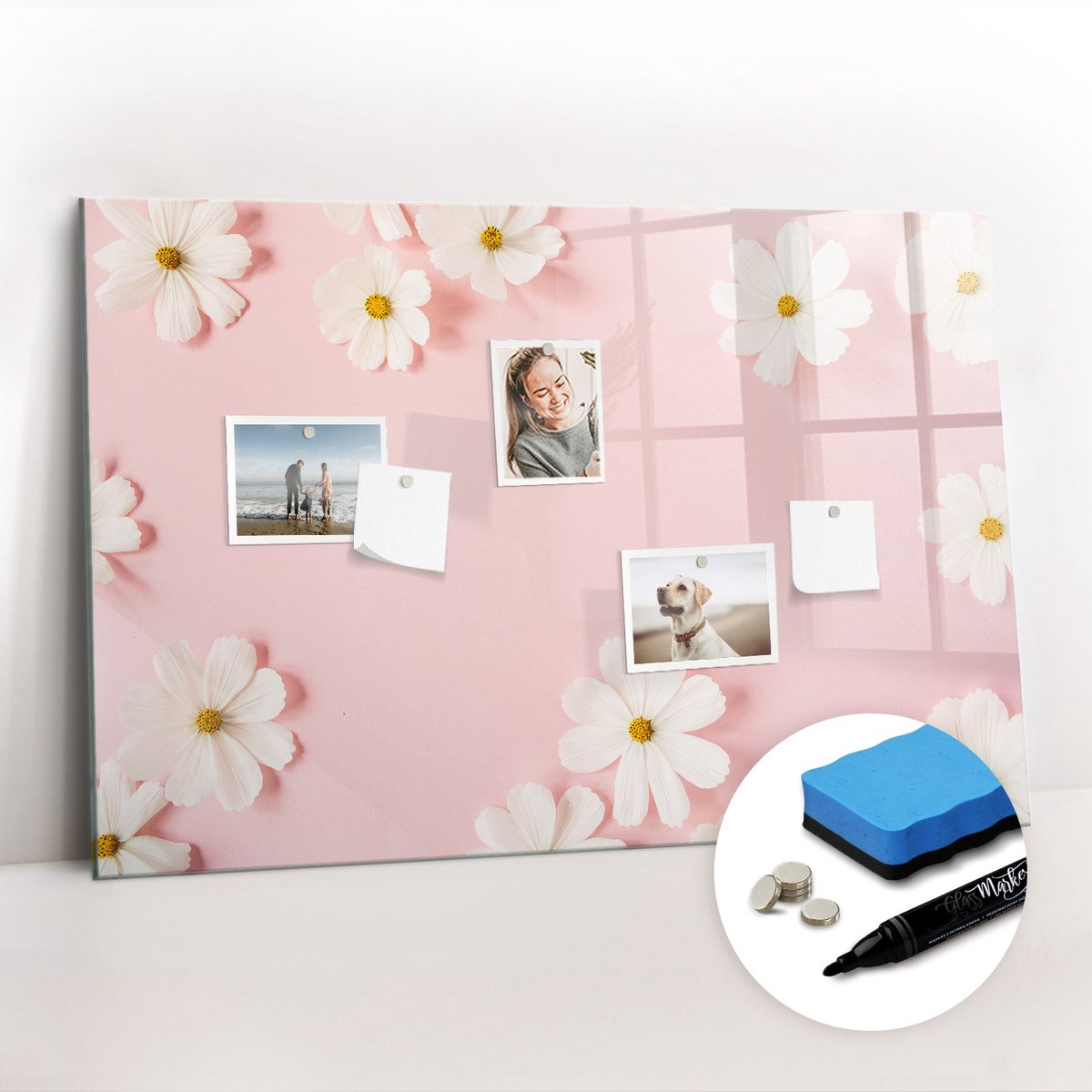 Tulup Whitebord - Madeliefjes - 90 x 60 cm - Roze Foto Magneetbord - Gratis 5 Sterke Magneten + Whiteboard Marker & Wisser - Wanddecoratie Kantoor - Magneetbord Foto - Ideeënbord Thuiswerkplek