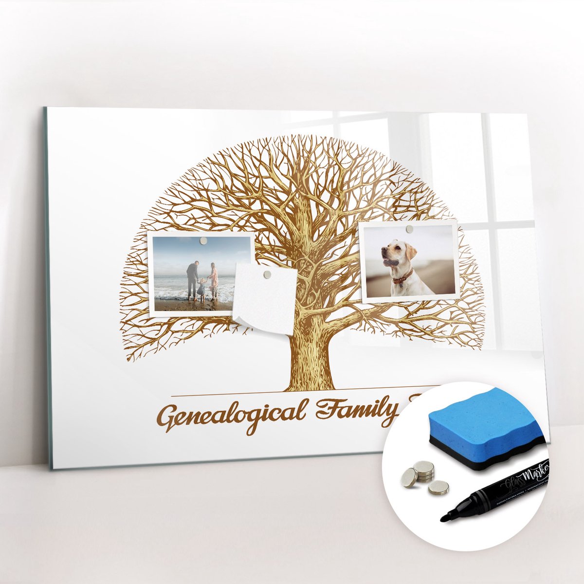 Tulup Whitebord - Oude stamboom - 60 x 40 cm - Wit Magneetbord Design - Gratis 5 Sterke Magneten + Whiteboard Marker & Wisser - Wanddecoratie Kantoor - Memobord Glas - Inspiratiebord Kantoor