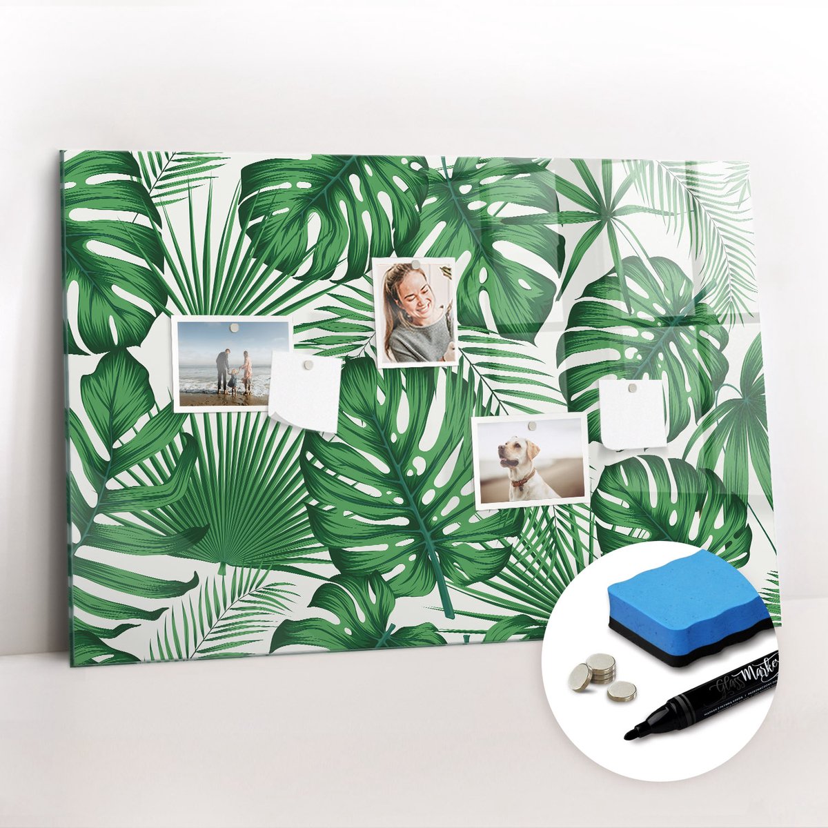 Tulup Whitebord - Groene monstera bladeren - 90 x 60 cm - Groente Foto Magneetbord - Gratis 5 Sterke Magneten + Whiteboard Marker & Wisser - Scandinavisch Design Bord - Magnetisch Wandbord - Organiseer Je Bureau