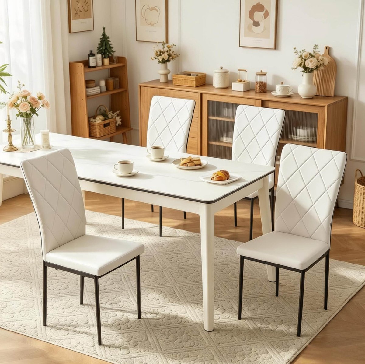 MIVRAY Eetkamerstoel Set Van 4 - Hoge Rugleuning Met Gewatteerde Zitting - Voor Eetkamer, Keuken En Woonkamer - Kunstleer - Zwart Wit