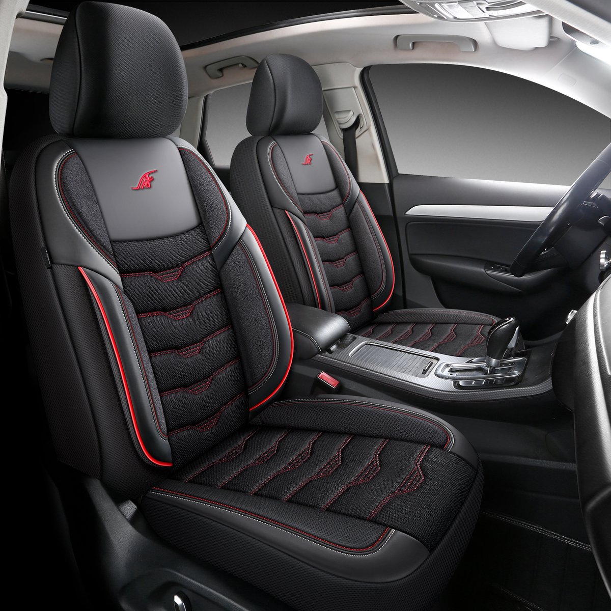 Autostoelhoezen voor Citroen DS5 in pasvorm| Complete set | Voorstoelen + Achterbank AID Serie | AID401 | Zwart met rode stiknaden
