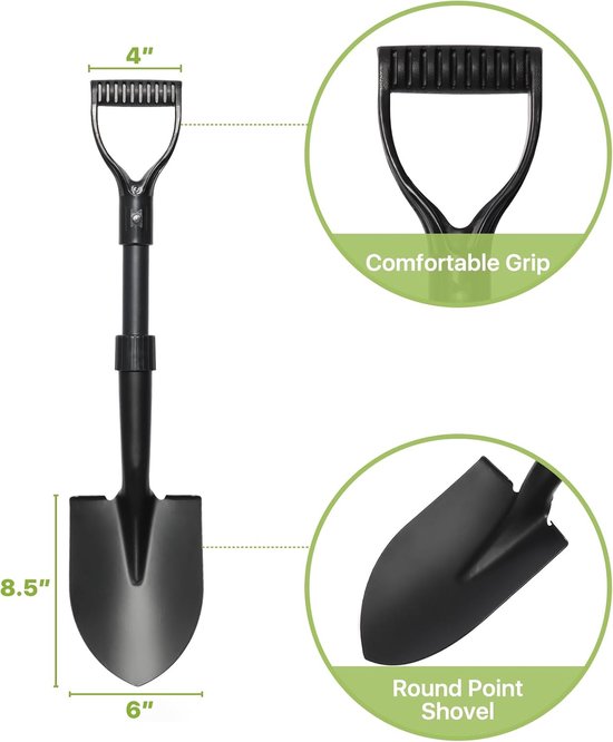 28 inch schoppen om zwaar te graven, kleine schop met D-handvat, puntige schop voor kamperen, randen, strandzand, metalen tuinschep met glasvezelschacht, draagbare mini-schep, zwart — afbeelding 2