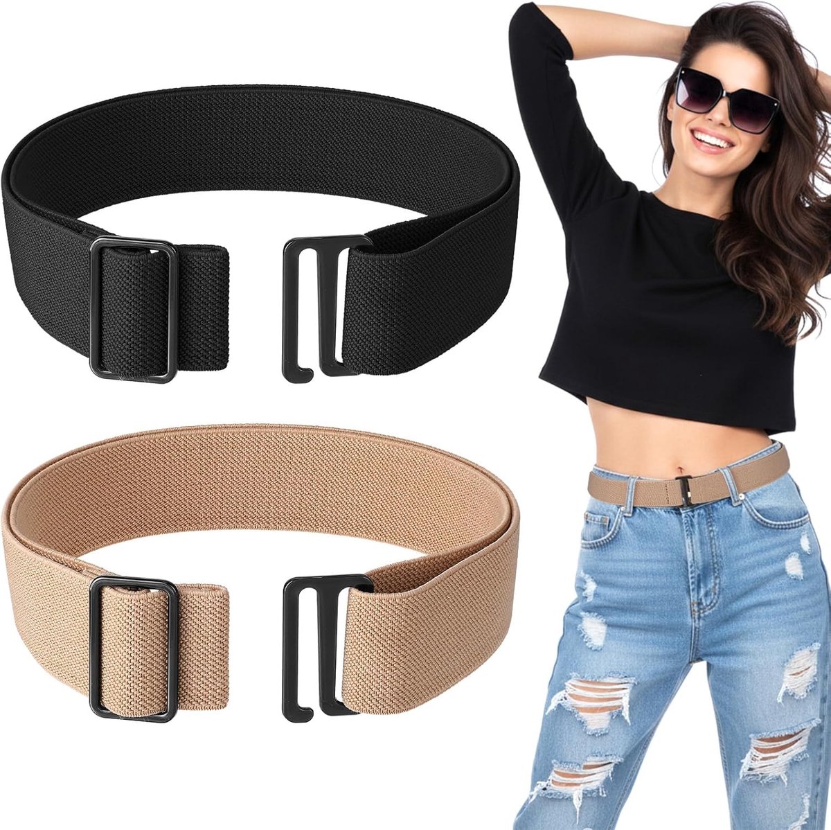 2 Stks Vrouwen Elastische Stretch Riem, No Show Elastische Riem Verstelbare Stretch Riemen Met Platte Gesp Voor Jeans Broek Jurken