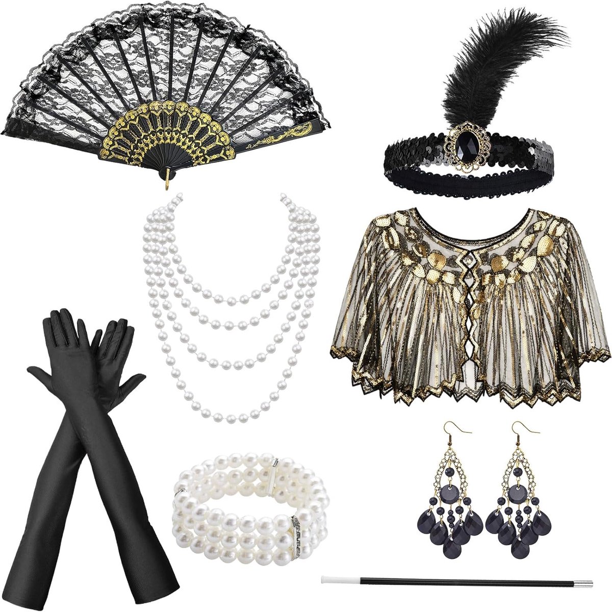 1920s Flapper Great Gatsby accessoireset, Gatsby accessoires voor vrouwen, Roaring 20's themaset met hoofdband, handschoenen, ketting, oorbellen, kant, vouwwaaier voor vrouwen en dames