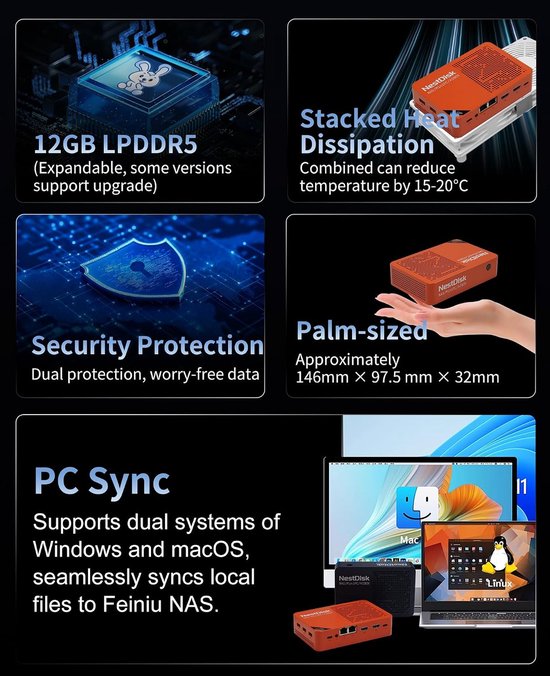 Mini PC NAS - Opslag Server - Thuis Cloud Opslag - 4-Bay NVMe Ondersteuning - 146x97.5x32mm - Oranje van MINI — afbeelding 5