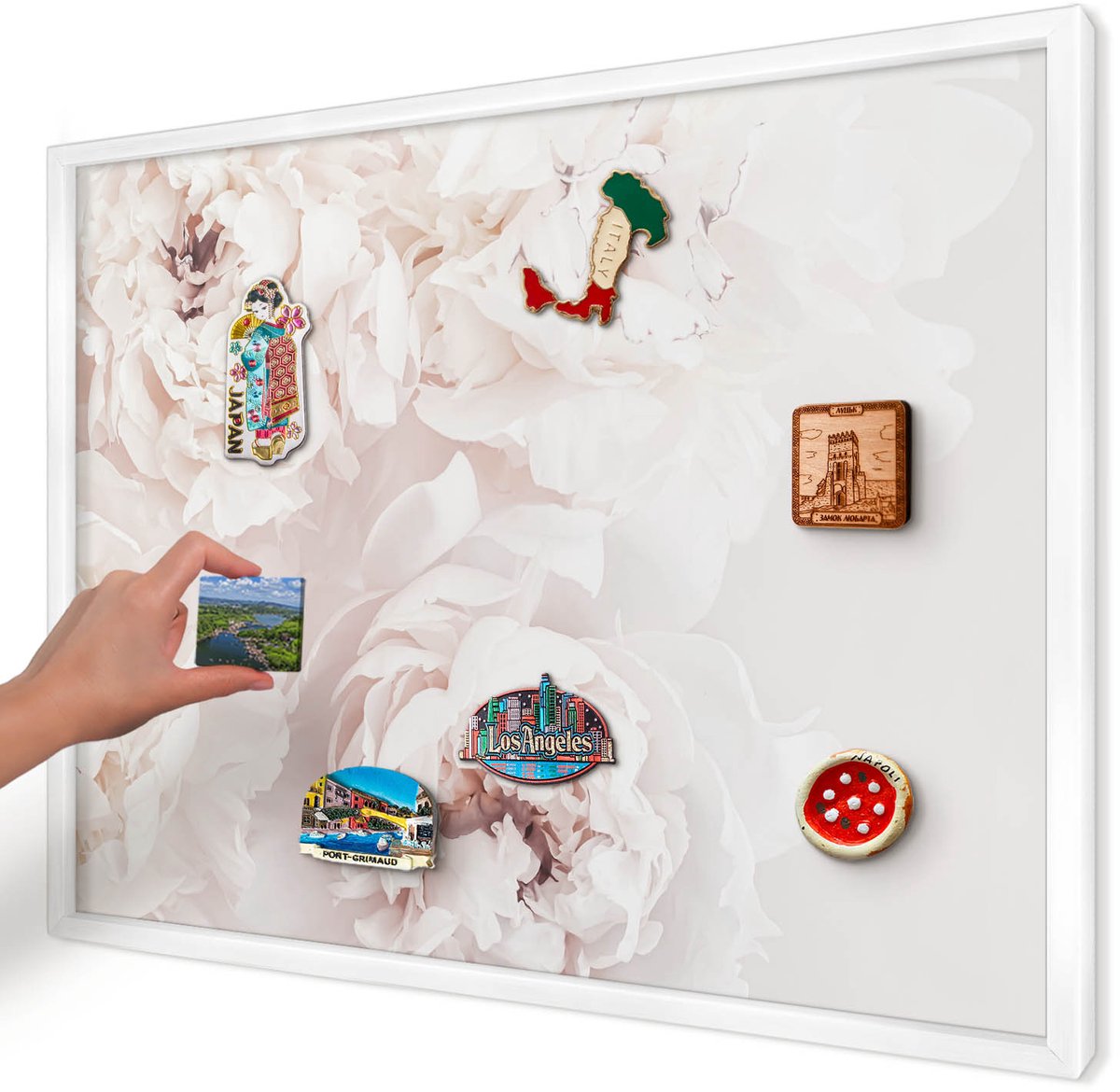 Artprintcave Wit Magneetbord mit Witte Lijst - 70x50 cm - Witte Pioenrozen Bord Voor Magneten - Minimalist Memobord Keuken - Bloemen En Planten