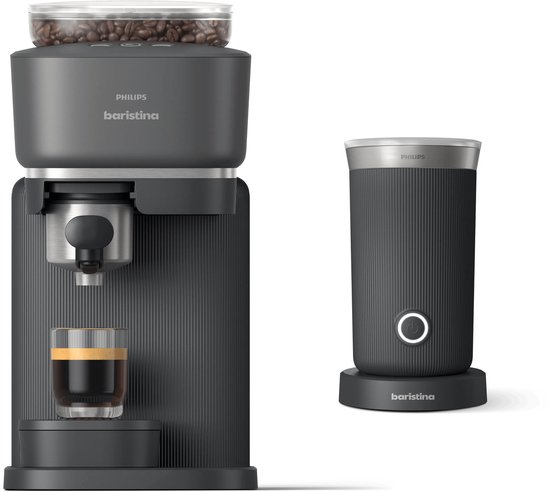 Een donkergrijze Philips Baristina espressomachine met melkopschuimer, gefotografeerd op een witte achtergrond.