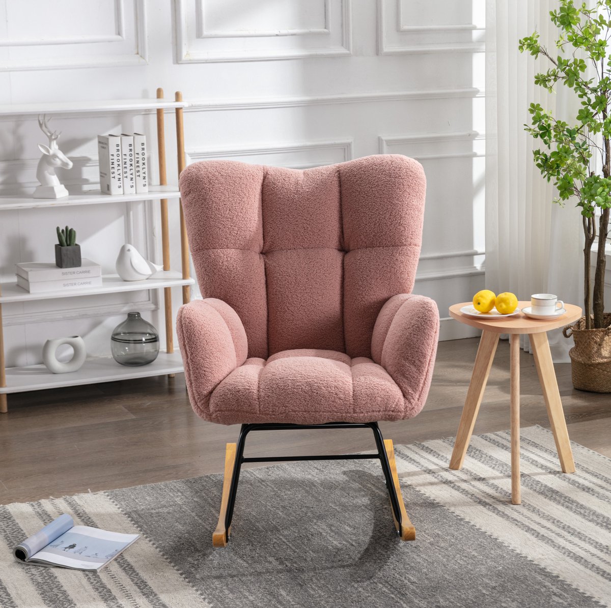 COVREO Schommelstoel 80 x 70 x 95 cm - roze houten schommelbasis, gewatteerde zitting