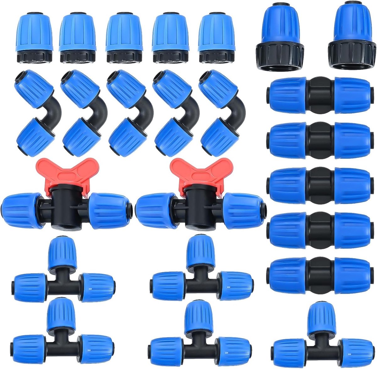 SnelShoppen - 24pcs Drip Irrigation Fittings Kit 1/2" voor Tuin, 16mm Barbed Connectors met 5 Tees, 5 Couplings, 2 Switch Valves en meer, Blauw