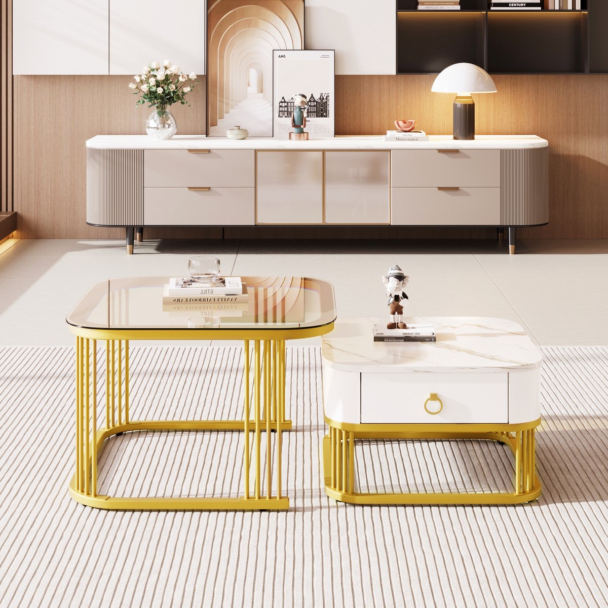 COVREO Salontafel 60x60x44,5 cm – 2-delige set, wit en goud, met lade