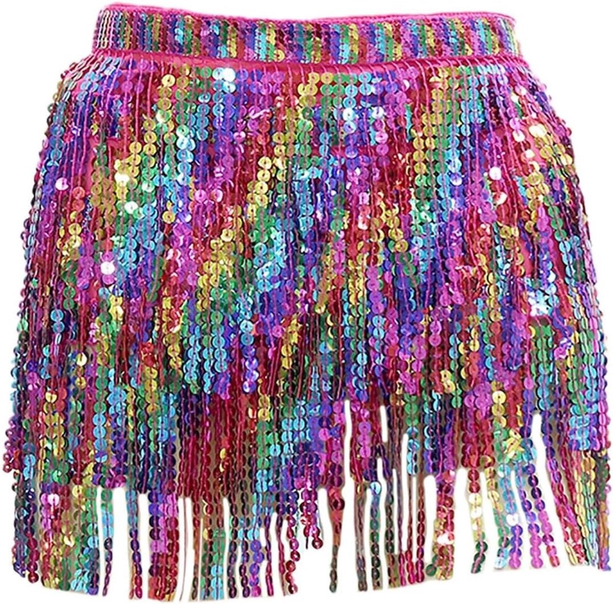 Glitterende 4-laags rok met franjes en regenboogtassels voor dans, festivals en feesten