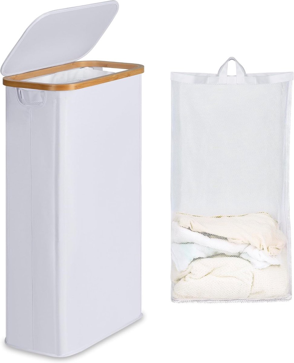 SnelShoppen - Efluky Wasmand 63 L - Smalle Vouwbare Wasmand met Deksel - Witte Wasmand met Bamboe Handvatten en Verwijderbare Tas voor Slaapkamer, Was