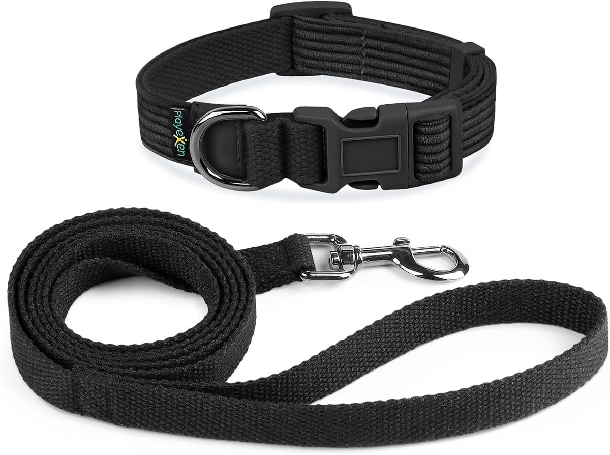 SnelShoppen - Dog Collar Set, Verstelbare Hondenhalsband 35-50 cm, Zachte Ribbed Velvet met 1.5m Leash, Katoen voor Honden en Katten, Klein en Medium,