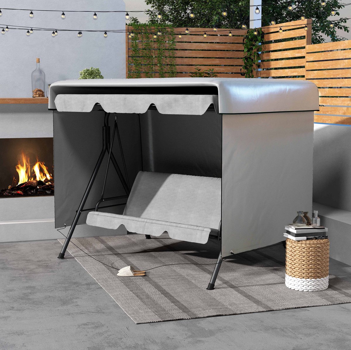 COVREO Tuinmeubelhoes 215 x 155 x 150 cm - grijs PE, waterdicht, met rits en stormband