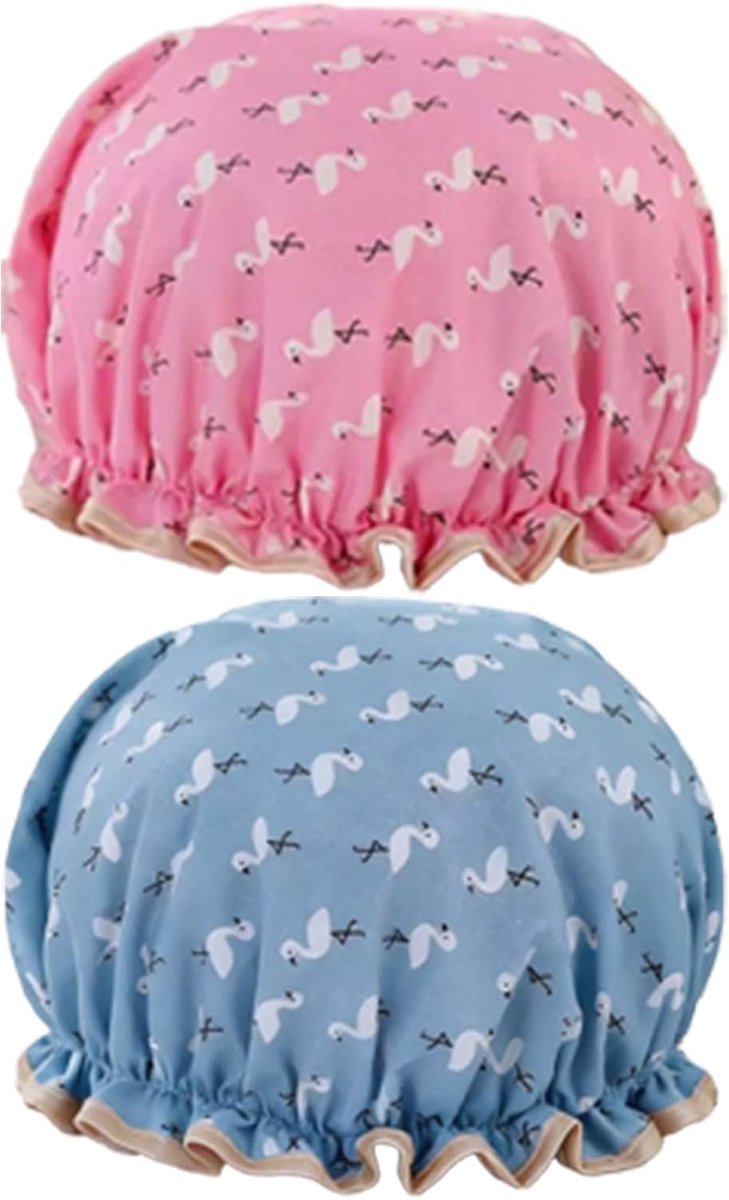 SnelShoppen - 2x Waterproof Douchecaps voor Dames met Rimpelrand, Dubbele Laag, Elastische Band, Oorbedekking, Roze & Grijs Blauw, Ideaal voor Badkame