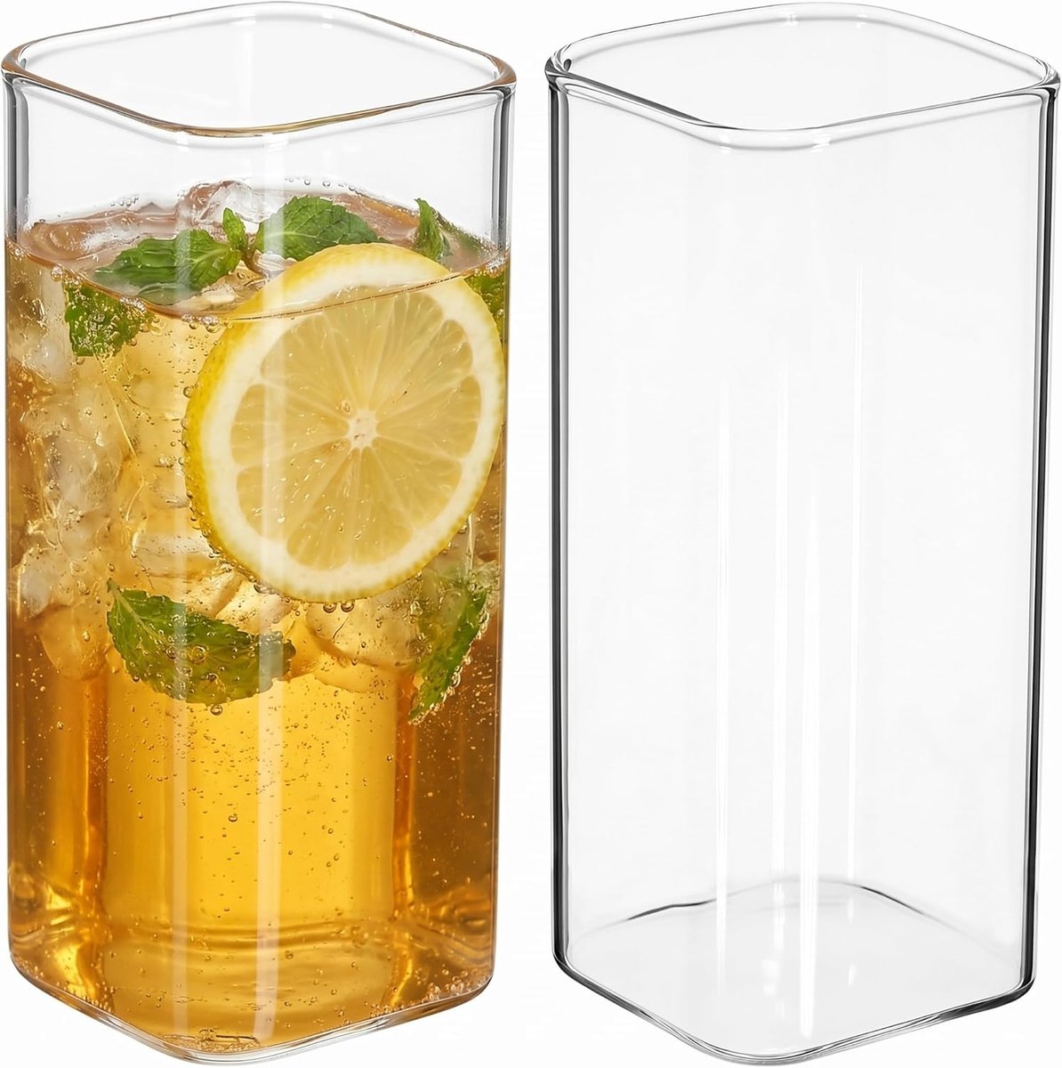 SnelShoppen - 2 Stuks Vierkante Japanse Glazen Drinkbekers - Highball Glazen Cocktail Whiskey Glazen - 400 ml - Duurzaam Glas voor Bier, Sap, Melk, Wa