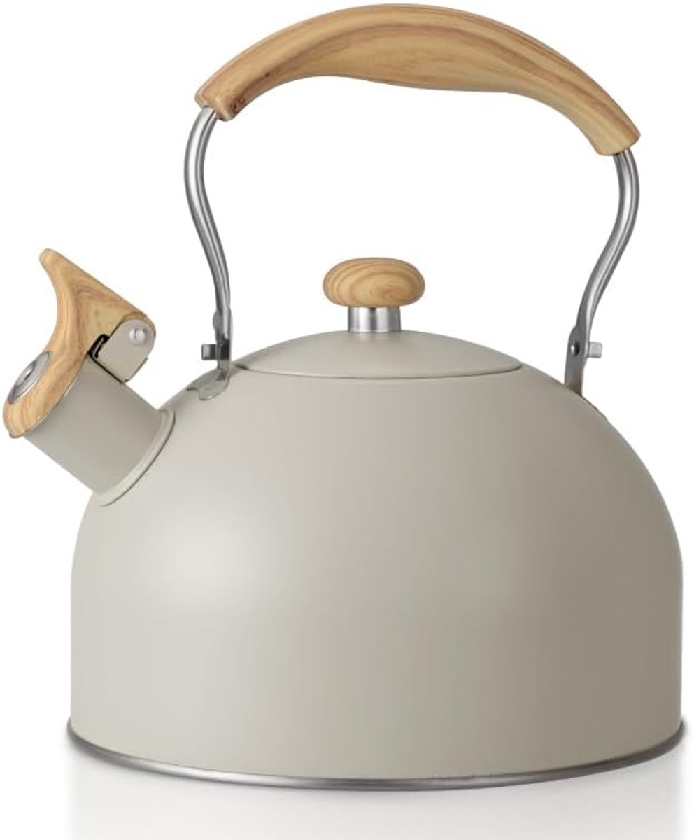 SnelShoppen - Whistling Kettle 2.5L - RVS Theeketel met Houten Patroon - Geschikt voor Gasfornuis - Anti-Roest en Warmtebestendige Handgreep - Perfect