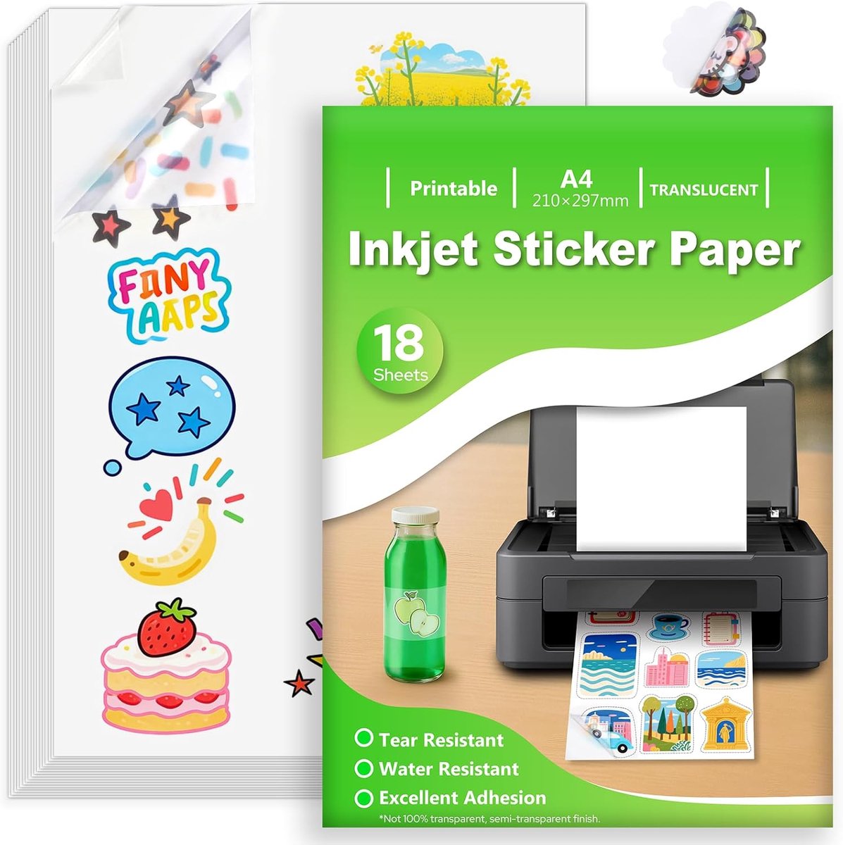 SnelShoppen - 18 Vellen Stickerpapier A4, Translucent Waterproof Printable Vinyl, Zelfklevend, Geschikt voor Inkjet Printers, Sneldrogend, 210x297mm v