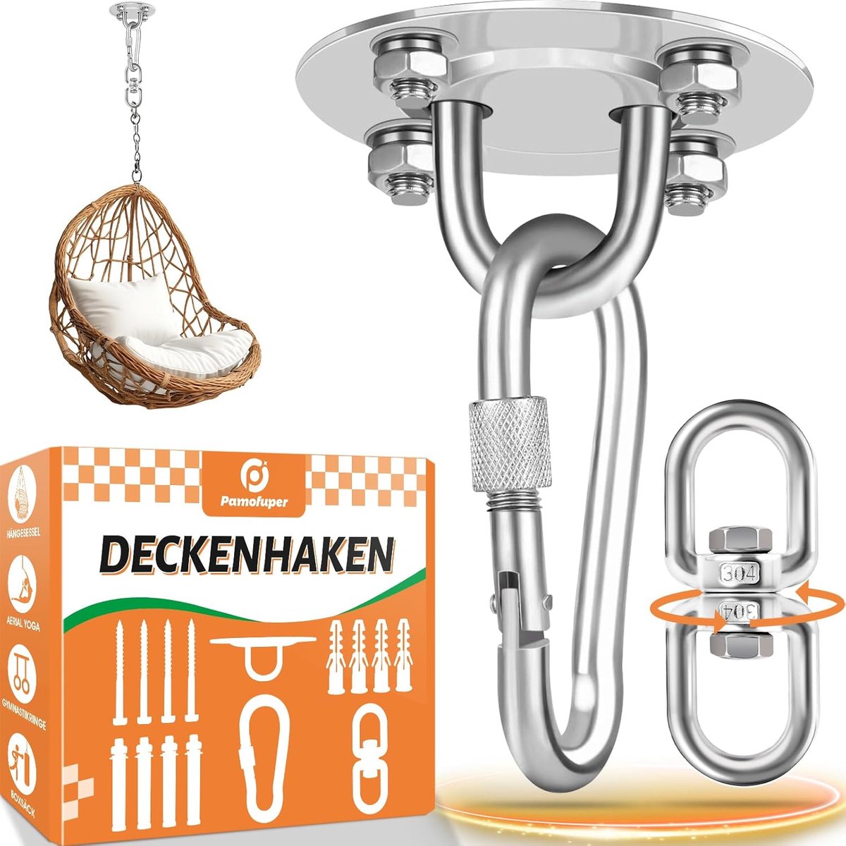 SnelShoppen - 360° Rotatable Ceiling Hook - Rvs Hanghaak voor Stoel, Punching Bag, Gymnastiekringen en Aerial Yoga - Zilver, Tot 400 kg