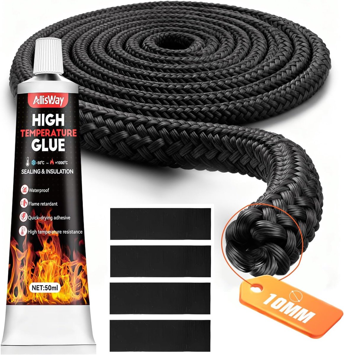 SnelShoppen - Hoge Temperatuur Siliconen Lijm en Schoorsteenafdichtingen Combipack - 50 ml Lijm + 4x 2,5 m Afdichtsnoeren - Waterdicht voor Ovens, Ope