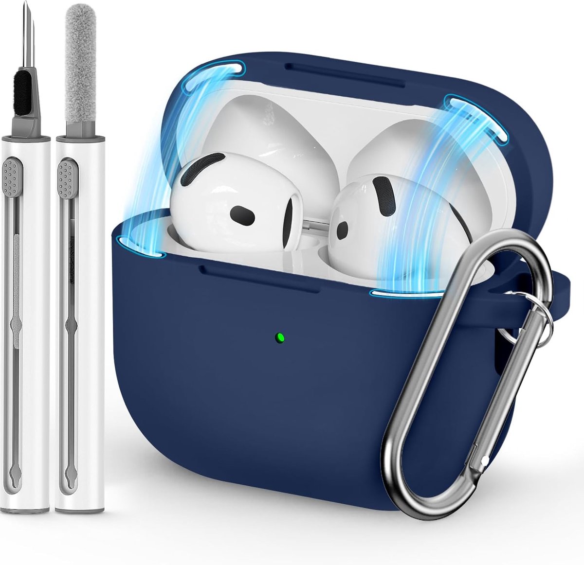 SnelShoppen - Inesore Magnetische Silicone Beschermhoes voor Apple AirPods 4 met Sleutelhanger en Schoonmaakpen - Navy Blauw, Voor Feest, Camping en D