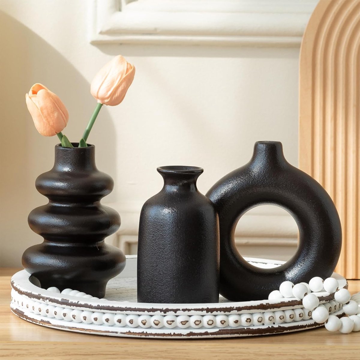 SnelShoppen - Decoratieve Vazen Set van 3 - Zwarte Keramische Vazen voor Modern Interieur - Matte Vazen voor Tafel, Boekenkast en Rustieke Mantel