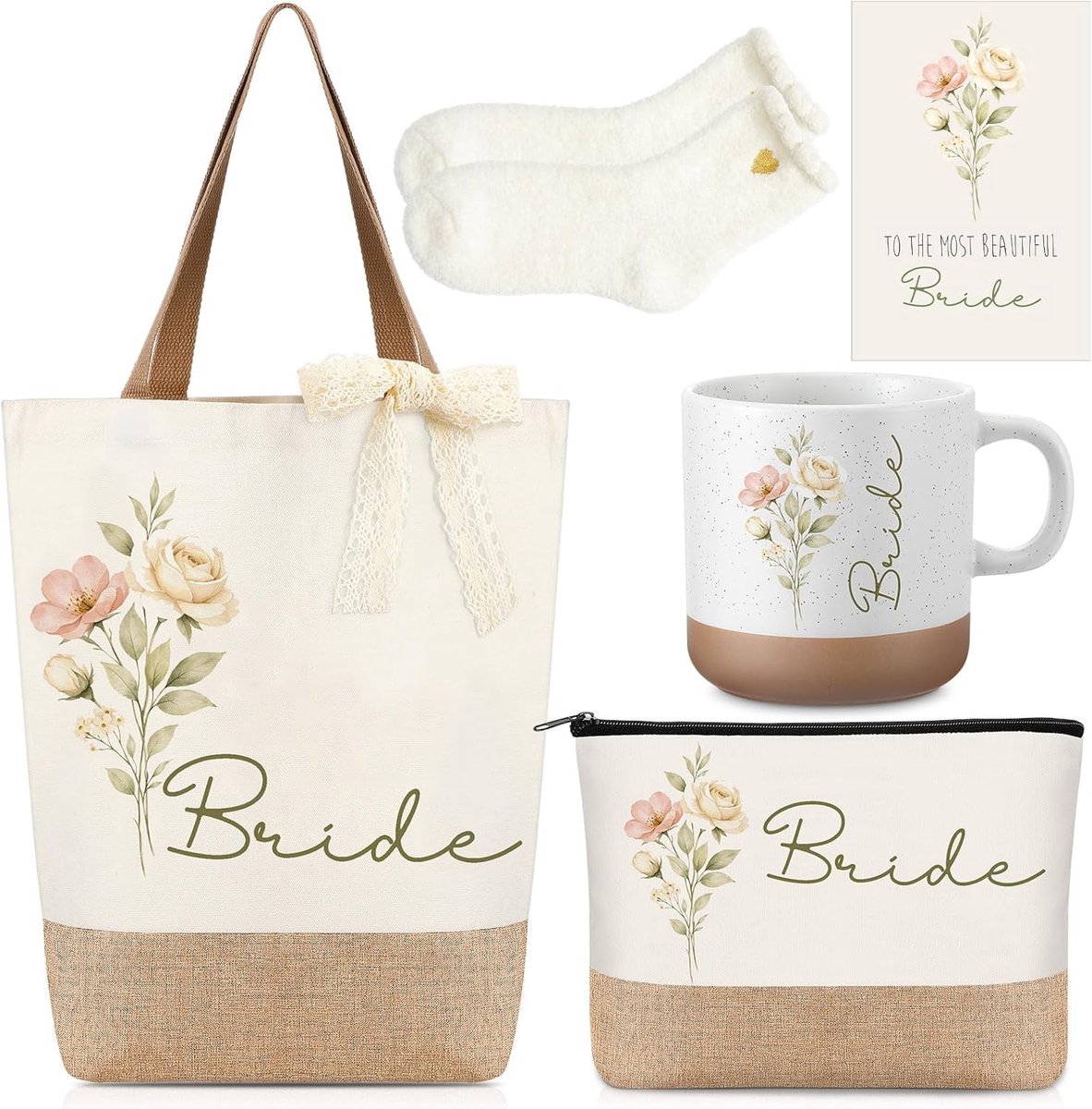 SnelShoppen - Geiserailie 6-delige Bruid Geschenkset met Tote Bag, Make-up Tas, Mokkenset, Sokken, Kantlint en Wenskaart - Perfect voor Huwelijk, Verl