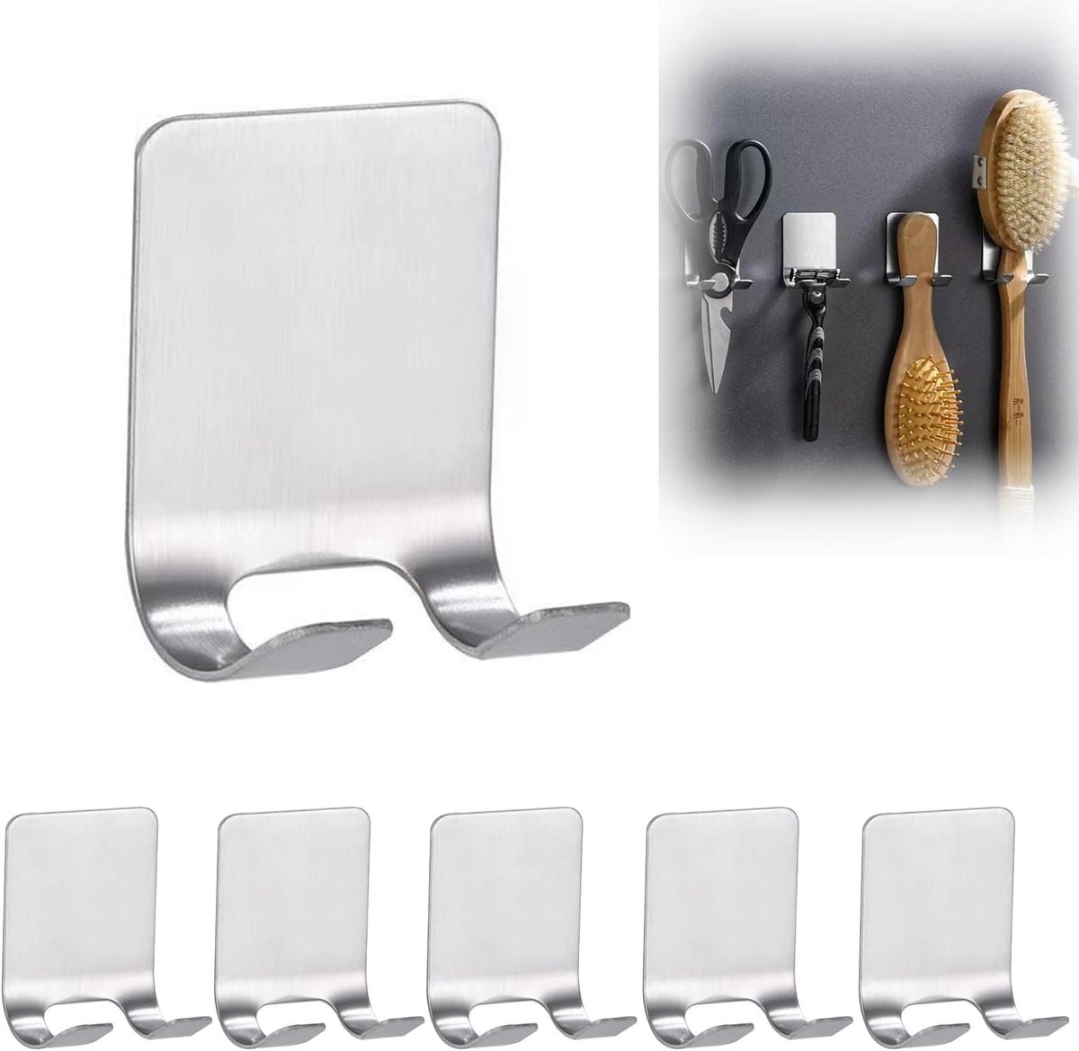 SnelShoppen - 6 Stuks Shaver Holder Douche, Zelfklevende Scheerapparaat Houder zonder Boren, RVS Multifunctionele Haak voor Badkamer en Keuken (Zilver