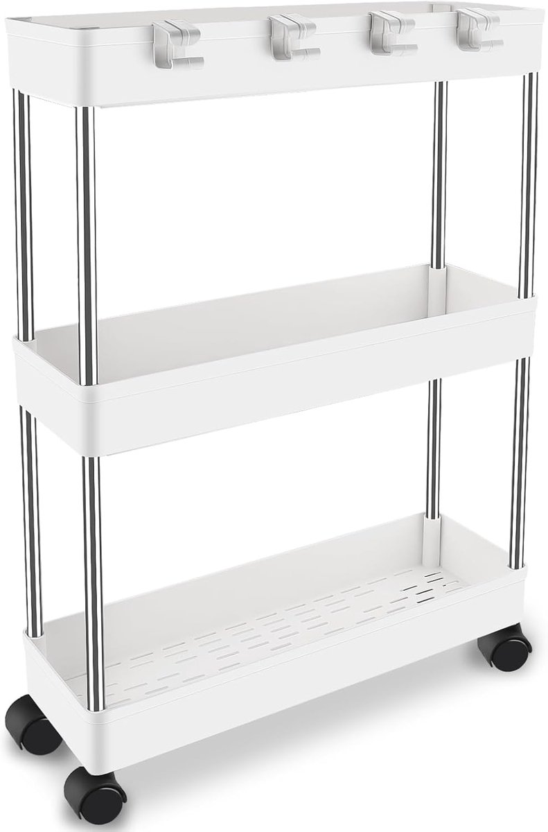 SnelShoppen - Trolley 3 Tier Rack Keuken Trolley - Wheeled Craft Trolley met 3 Uittrekbare Planken, 6 Haken, Smal 13 cm, Wit, Voor Keuken, Kantoor, Ba