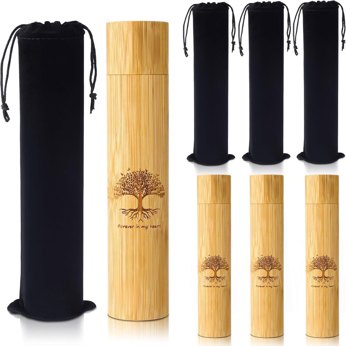 SnelShoppen - 4x kleine urnen voor as, houten urnen voor mens en huisdier, bamboo reiskoffers met zwarte fluwelen zakken, as bewaren, troostgeschenk