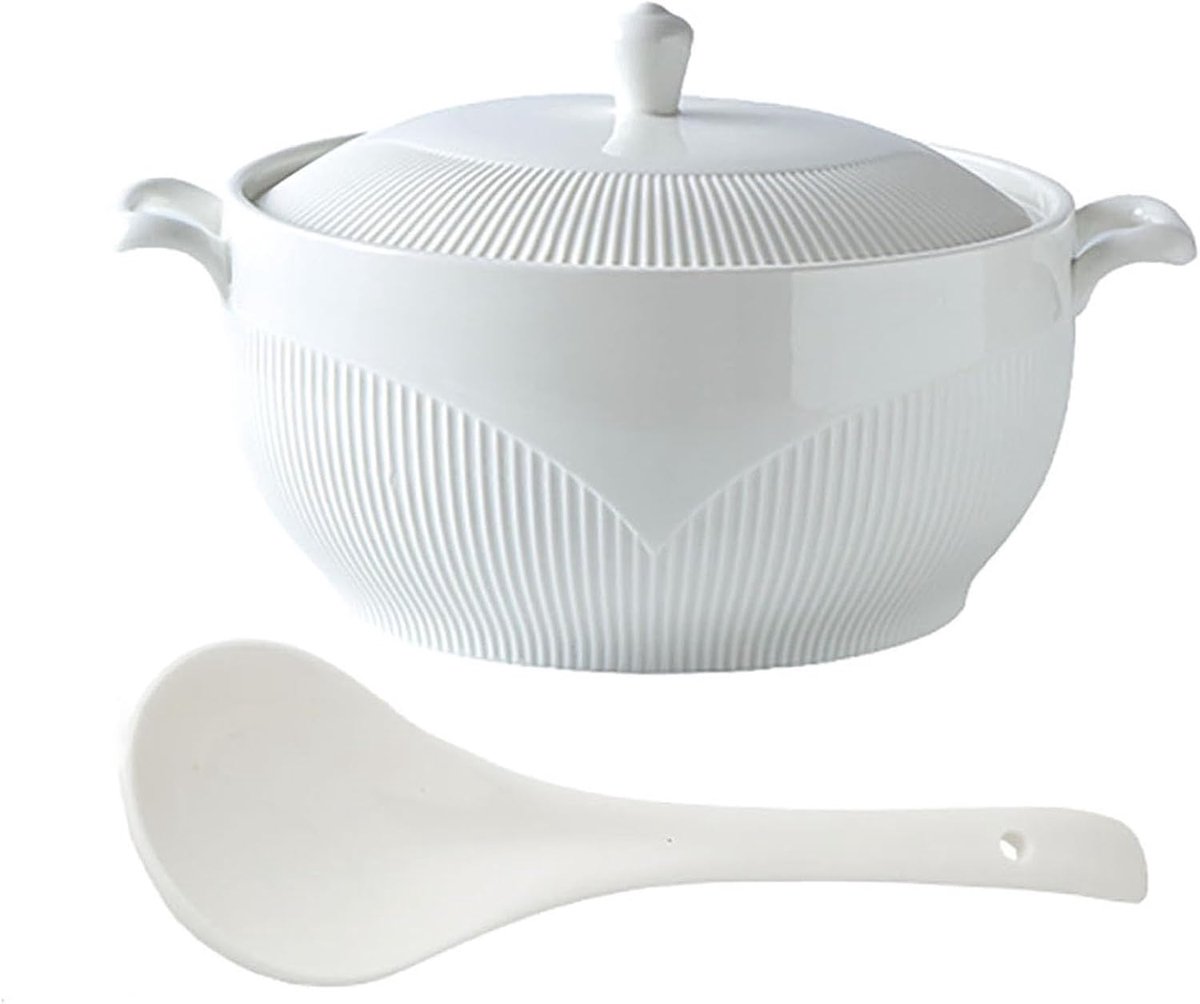 SnelShoppen Witte Terrine met 2 Handvatten Porselein Soepterrine met Deksel en Lepel Groot Capaciteit Geschikt voor Magnetron Oven Vaatwasser