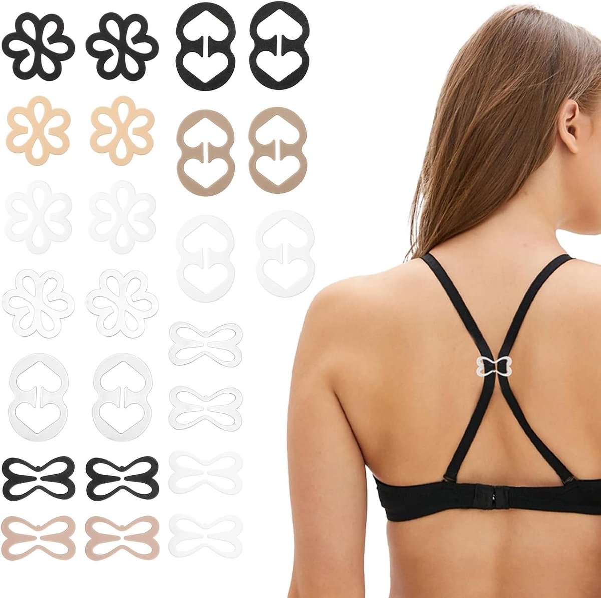 24 stuks onzichtbare antislip beha-dragerclips in vlinderstijl voor volledige cupmaten, zwart, wit, huidskleur en transparant