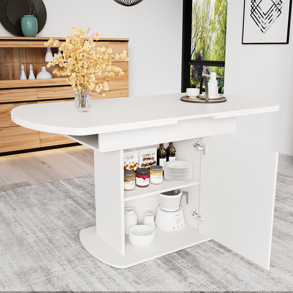 COVREO Eettafel 130x70x75 cm – wit met goudkleurige details, uitschuifbaar met opbergruimte