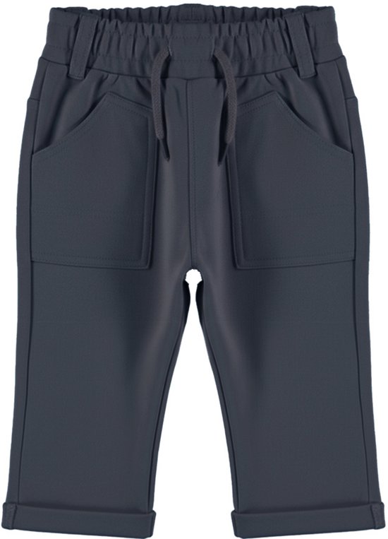 Donkerblauwe broek met elastische tailleband, trekkoord en opgestikte zakken.