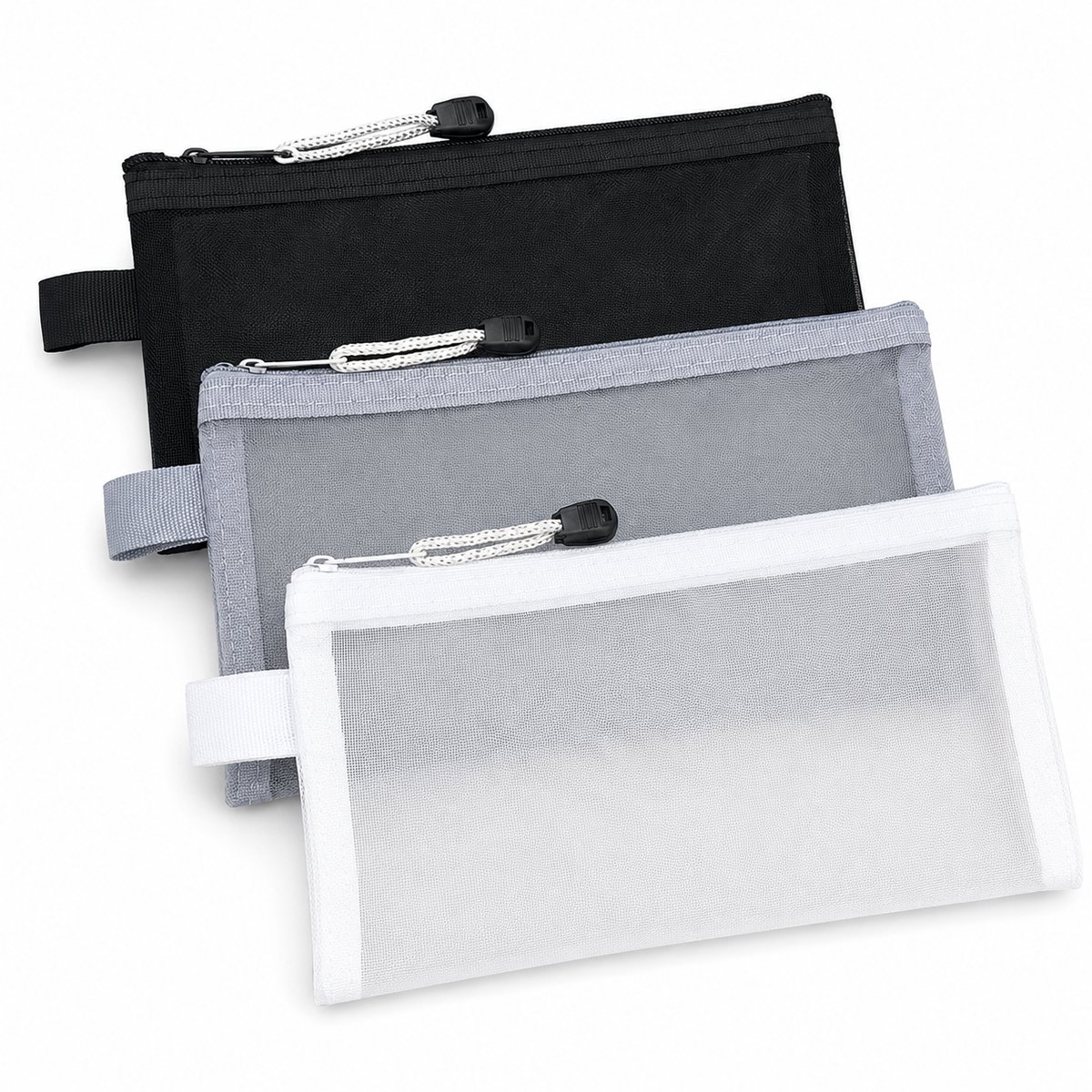 Bobypet Set van 3 Transparante Etuis Zwart Wit Grijs - Multifunctionele Mesh Pouch voor School, Kantoor en Reizen - Make-up Tasje