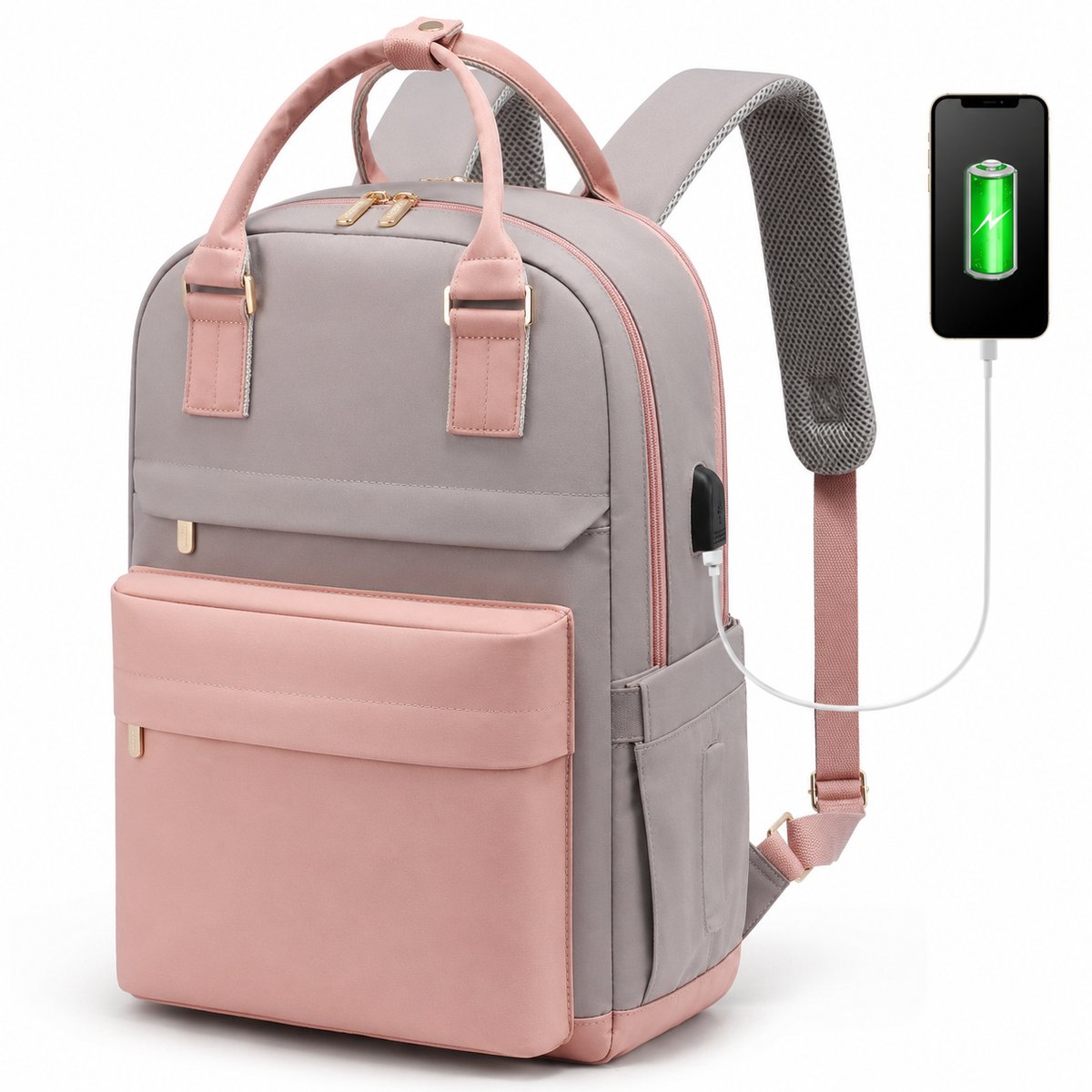 Laptop Rugzak Dames 15.6 Inch - Luxe Schooltas en Werk Rugtas met USB Oplaadpoort - Waterafstotende Anti-diefstal Reisrugzak - roze