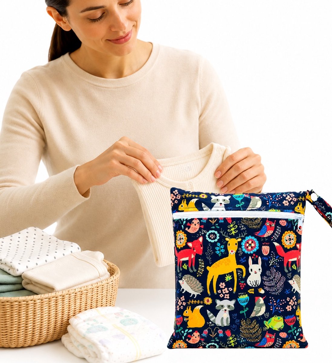 Waterdichte Luier Organizer & Wet Bag – Dierenprint – Mini Luiertas – Opbergtas voor Luiers, Babydoekjes & Natte Kleding – 20 x 25 cm