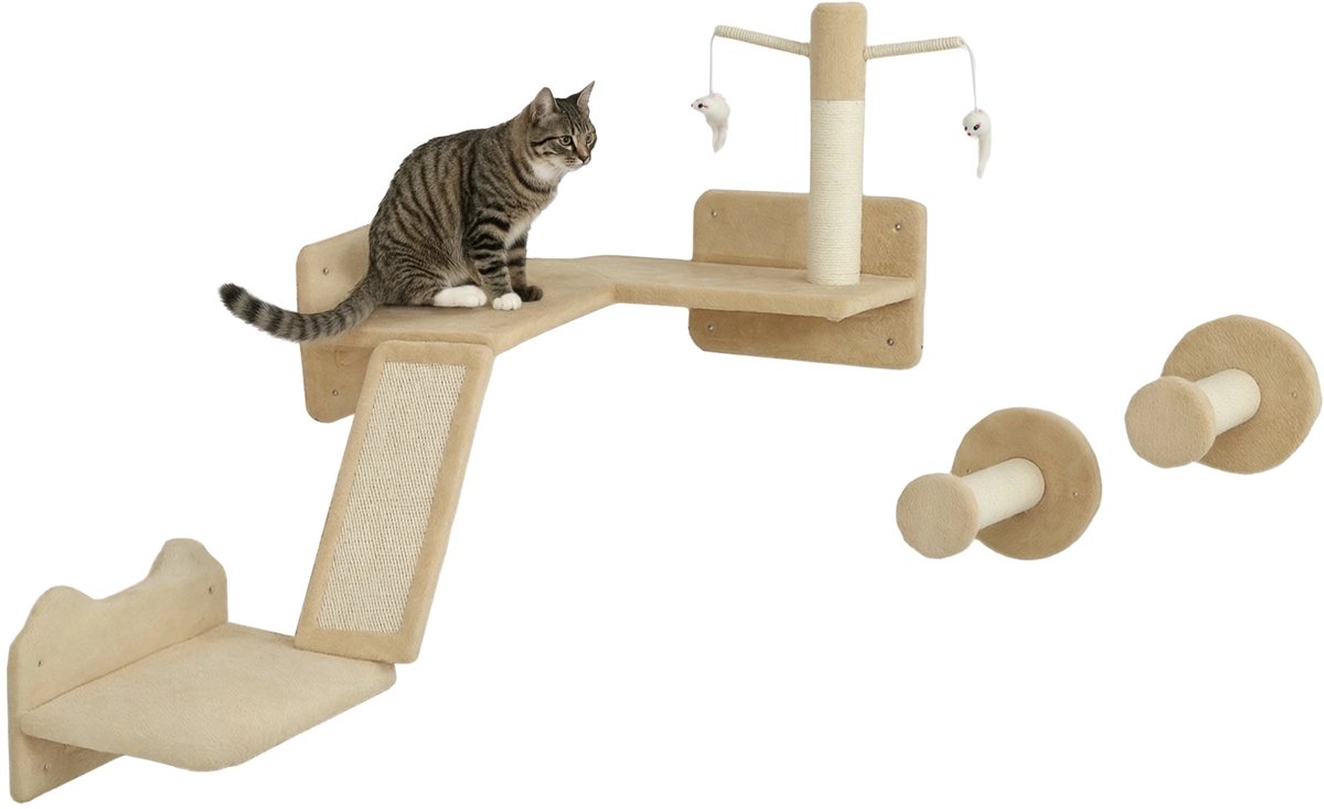3-Delige Katten Klimwand Set – Met Krabplank, Springpanelen, Krabpaal & Speelbal – Beige
