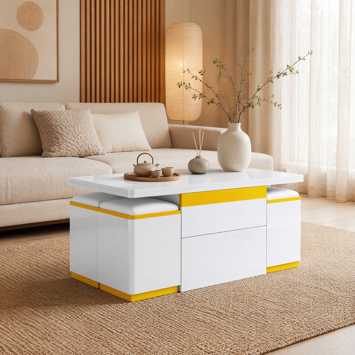 COVREO Salontafel 100 x 50 x 43 cm - wit en geel, opklapbaar, met 4 opbergkrukken