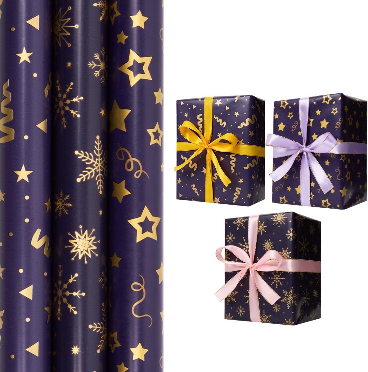 SnelShoppen - 3 Rollen Blauw Gouden Cadeaupapier 43cm x 3M - Sterren & Sneeuwvlokken Print voor Kerst, Verjaardag, Feestdecoratie en Ambacht