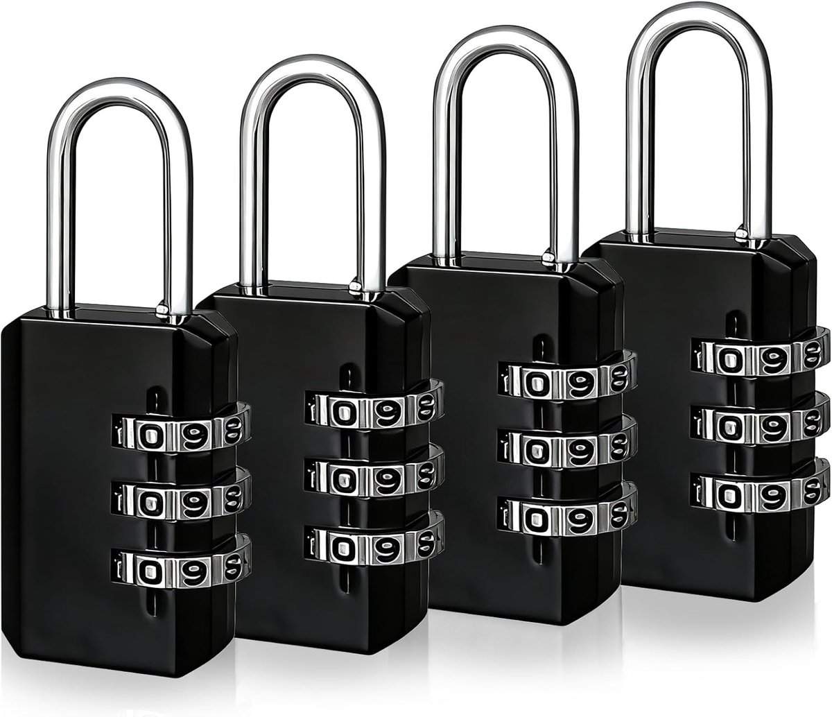 SnelShoppen - Set van 4 Koffersloten - Kleine Hangslot 3-cijferige Combinatieslot voor Koffer, Gym, Reis, Schoolkast (Zwart, 4 Stuks)