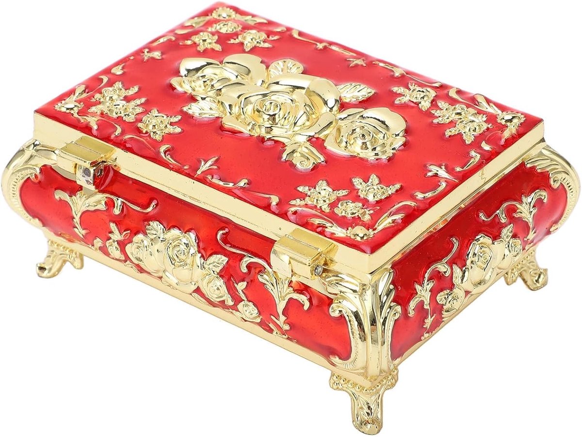 SnelShoppen - Vintage Sieradenopbergdoos, Zinklegering Schatkist, Goud-Rood, Organizer voor Oorbellen en Kettingen, Decoratieve Bewaarbox voor Geschen