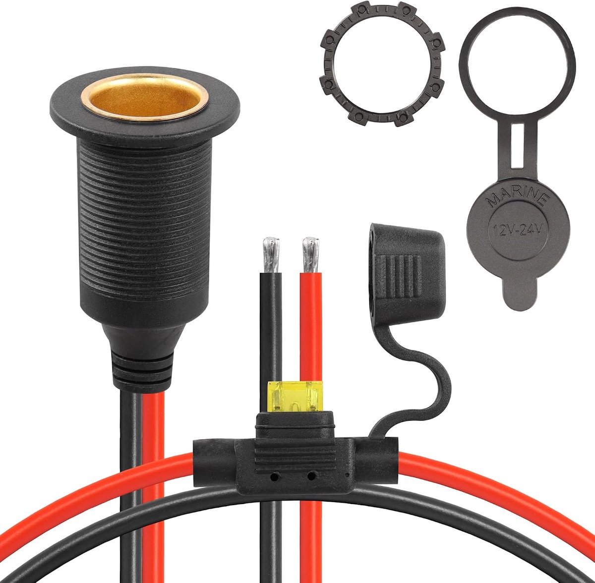 SnelShoppen - 12V/24V Sigarettenaansteker Socket Verlengkabel, 20A 13AWG Waterdichte Female Socket Vervangingskabel (0.3m) voor Auto, Motor, Boot, Tra