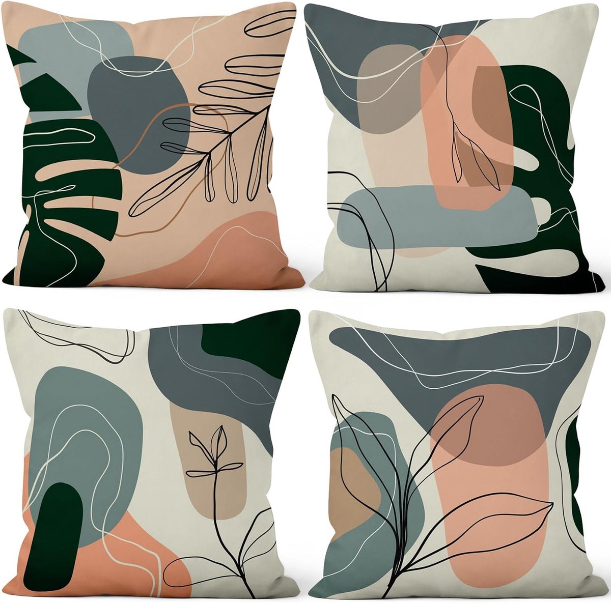 SnelShoppen - Kussenhoes Set van 4 Abstract Boho Palmbladeren Blauw Roze Geometrisch Patroon Fluwelen Kussenslopen 40x40 cm voor Bank Slaapkamer Woonk