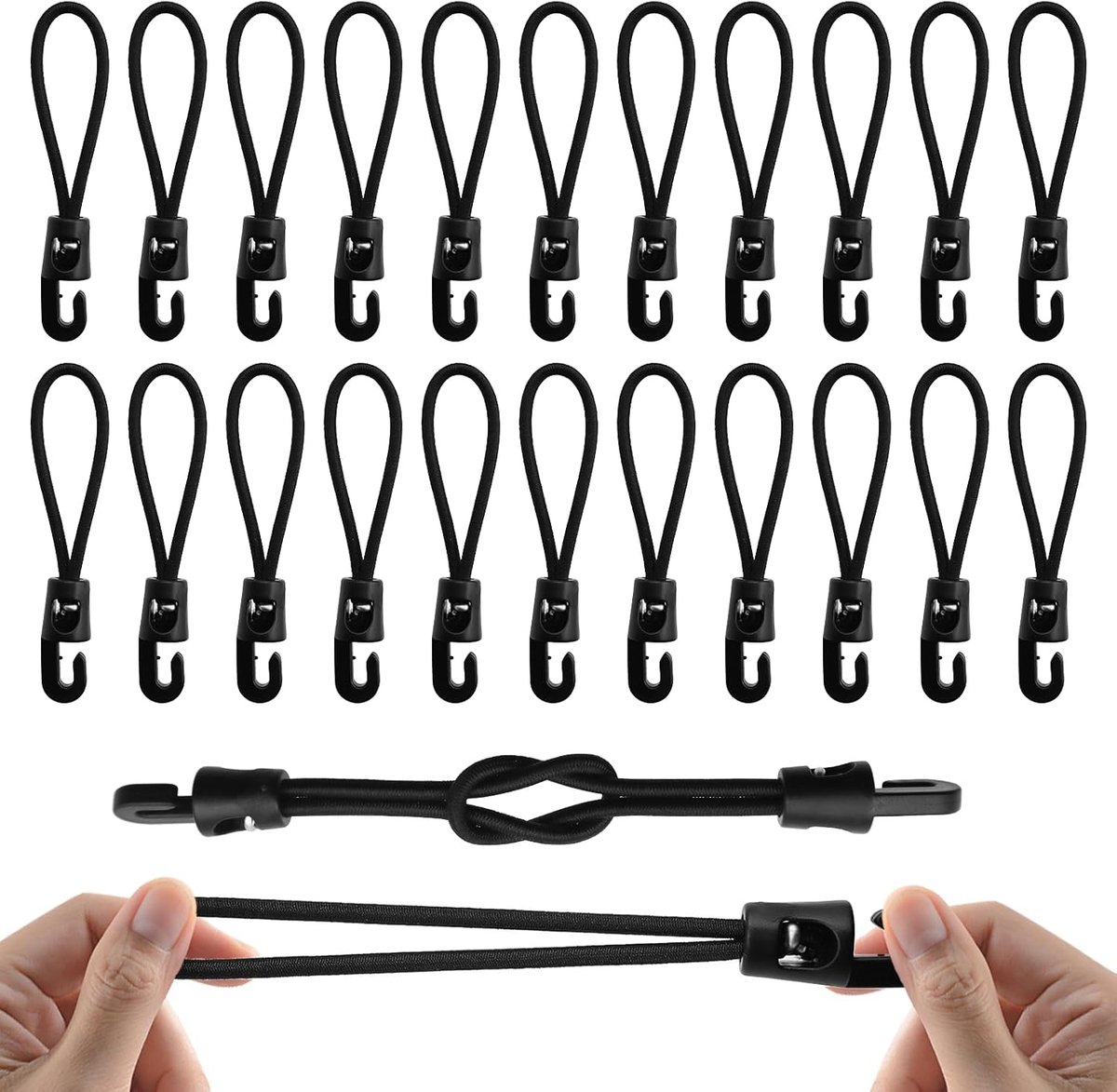 SnelShoppen - Set van 25 Elastische Touwen met Haken, Zwart, 10 cm, Nylon en Latex, Ideaal voor Buiten en Binnen, Weerbestendig en Veelzijdig voor Ten